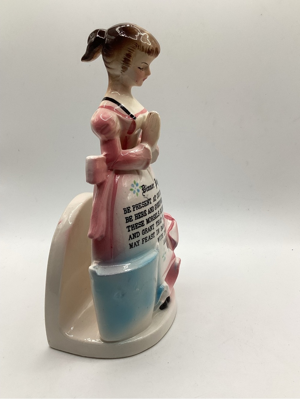 Enesco Pink and Blue Praying Girl Ceramic Figurine Napkin Holder Dinner Prayer